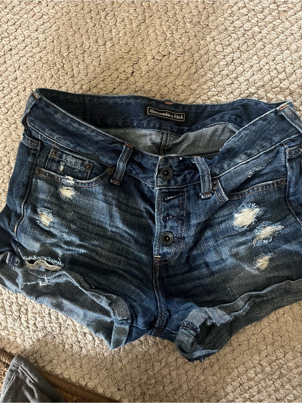 Abercrombie & Fitch Distressed Dark Blue Denim Shorts with Button Front